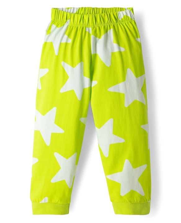 Babyhug Cotton Knit Full Sleeves Co-ords T-Shirt & Pajama Night Suit with Star Print - Light Green