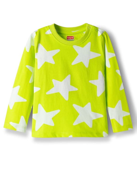 Babyhug Cotton Knit Full Sleeves Co-ords T-Shirt & Pajama Night Suit with Star Print - Light Green