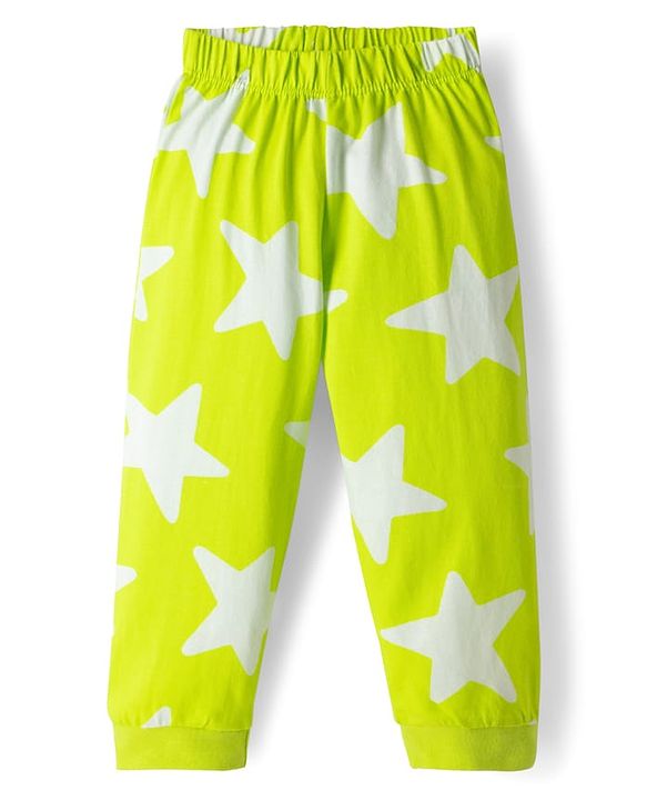 Babyhug Cotton Knit Full Sleeves Co-ords T-Shirt & Pajama Night Suit with Star Print - Light Green