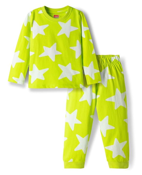 Babyhug Cotton Knit Full Sleeves Co-ords T-Shirt & Pajama Night Suit with Star Print - Light Green