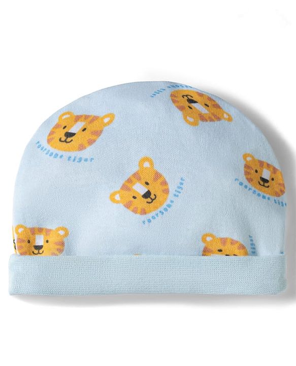 Babyhug 100% Cotton Knit Cap Mittens & Booties Set with Tiger Print Multicolor - Diameter 9.5 cm
