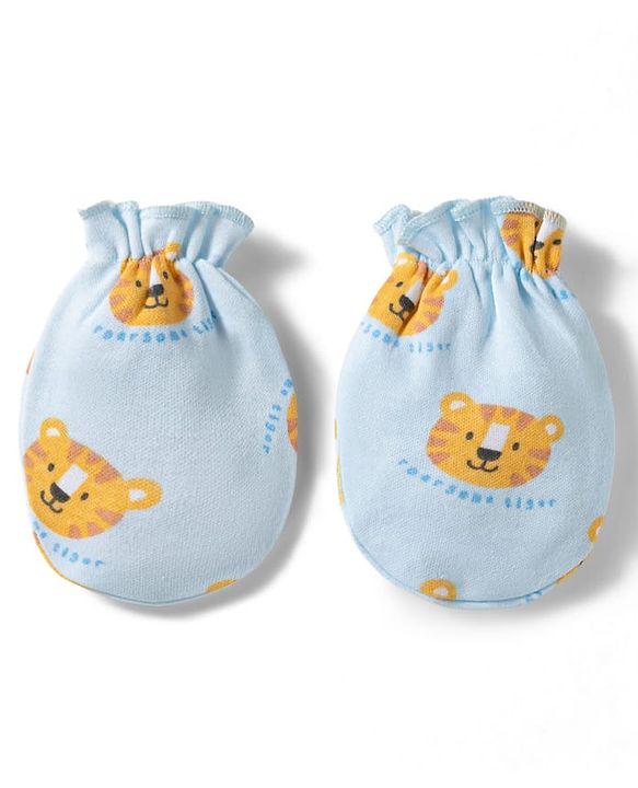 Babyhug 100% Cotton Knit Cap Mittens & Booties Set with Tiger Print Multicolor - Diameter 9.5 cm