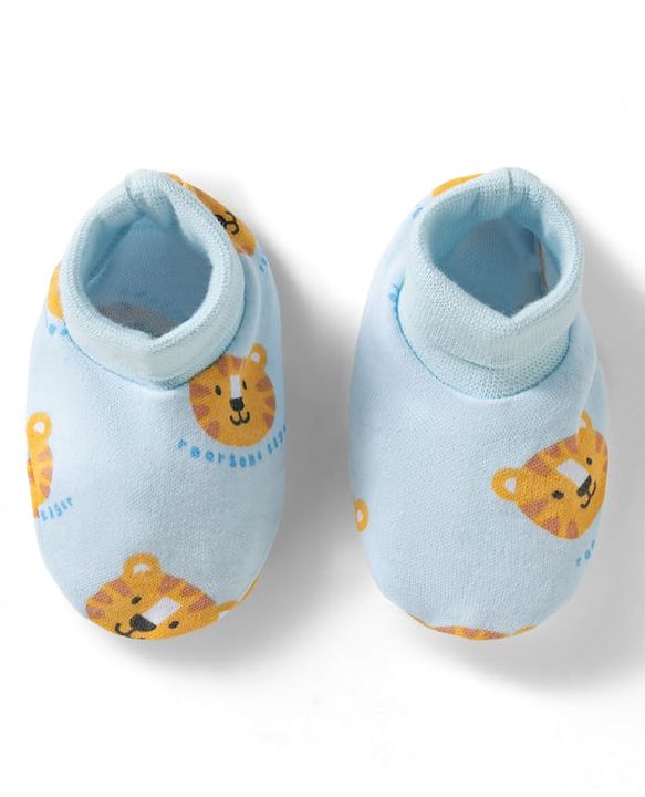 Babyhug 100% Cotton Knit Cap Mittens & Booties Set with Tiger Print Multicolor - Diameter 9.5 cm
