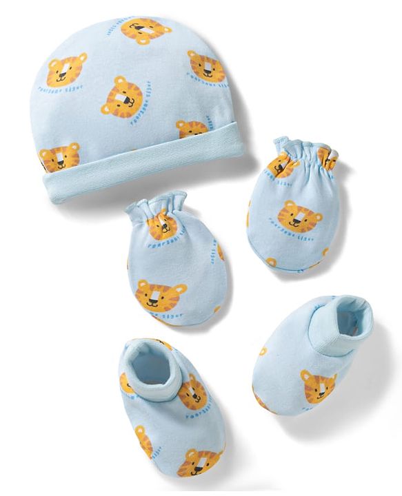 Babyhug 100% Cotton Knit Cap Mittens & Booties Set with Tiger Print Multicolor - Diameter 9.5 cm