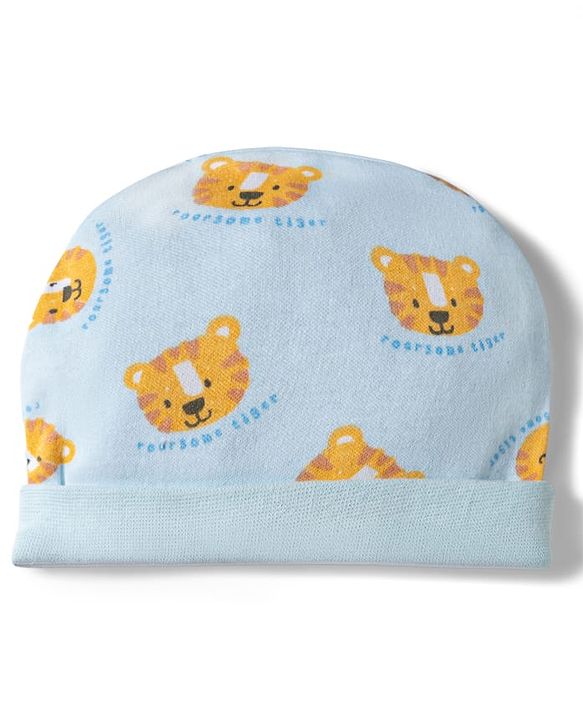 Babyhug 100% Cotton Knit Cap Mittens & Booties Set with Tiger Print Multicolor - Diameter 9.5 cm