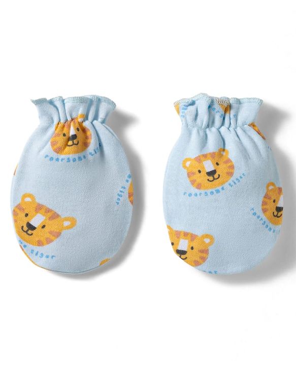 Babyhug 100% Cotton Knit Cap Mittens & Booties Set with Tiger Print Multicolor - Diameter 9.5 cm