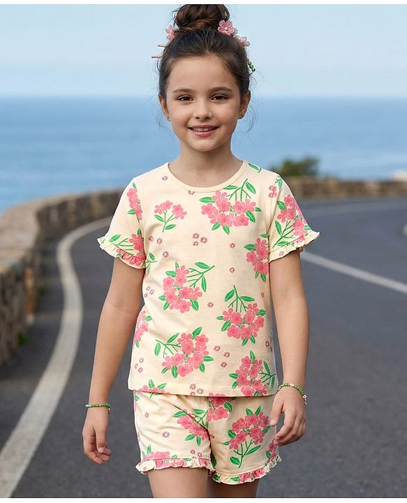 Pine Kids Cotton Knit Half Sleeves T-Shirt & Shorts Co-ord Night Suit With Floral Print - Yellow