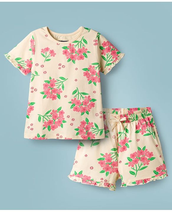 Pine Kids Cotton Knit Half Sleeves T-Shirt & Shorts Co-ord Night Suit With Floral Print - Yellow