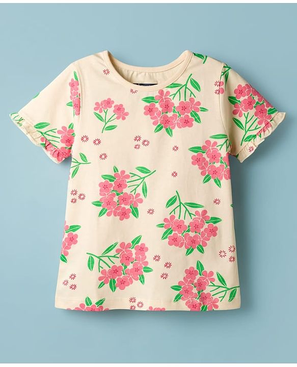 Pine Kids Cotton Knit Half Sleeves T-Shirt & Shorts Co-ord Night Suit With Floral Print - Yellow
