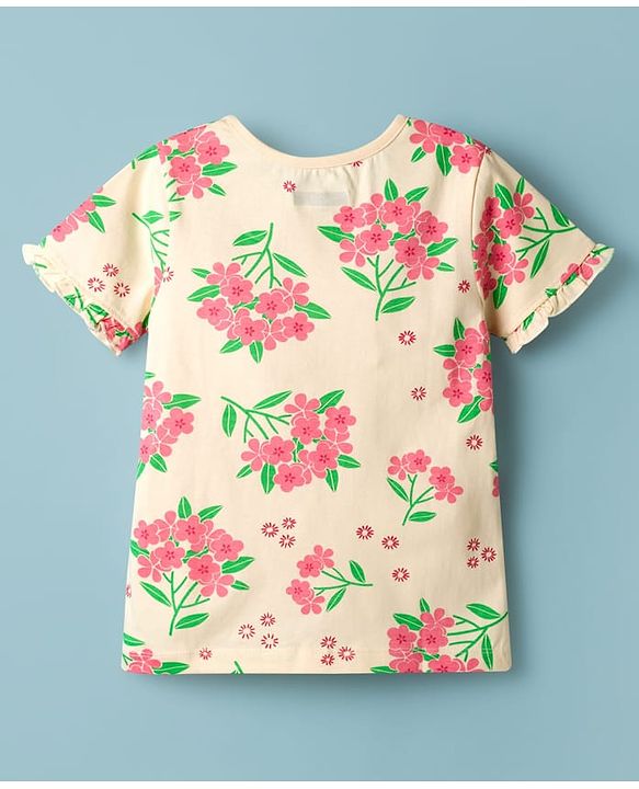 Pine Kids Cotton Knit Half Sleeves T-Shirt & Shorts Co-ord Night Suit With Floral Print - Yellow