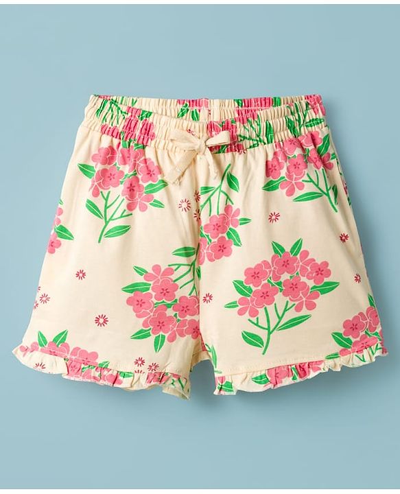 Pine Kids Cotton Knit Half Sleeves T-Shirt & Shorts Co-ord Night Suit With Floral Print - Yellow
