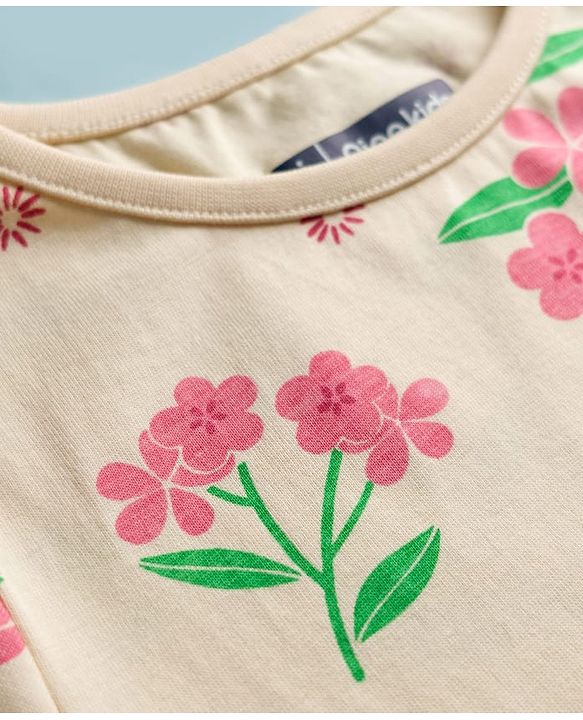 Pine Kids Cotton Knit Half Sleeves T-Shirt & Shorts Co-ord Night Suit With Floral Print - Yellow