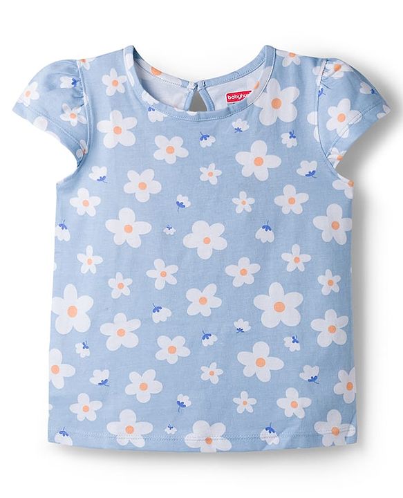 Babyhug 100% Cotton Knit Half Sleeves T-Shirts with Floral Print Pack of 3 - Orange Cream & Blue