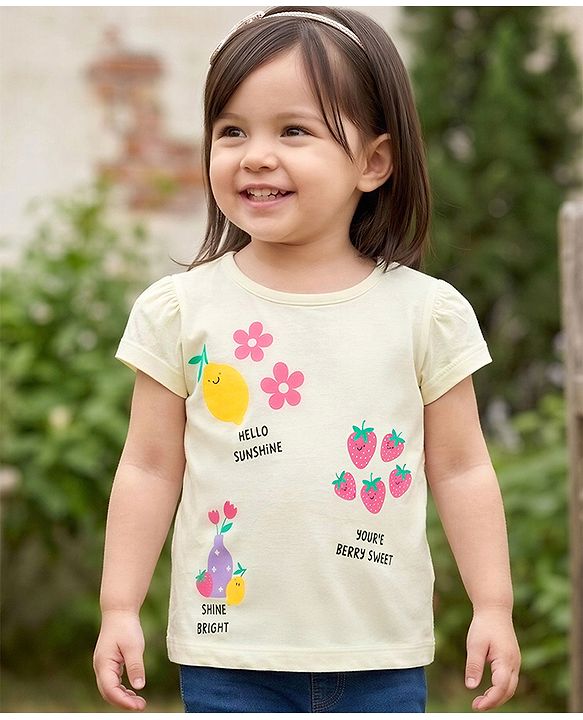 Babyhug Cotton Knit Half Sleeves T-Shirt With Floral & Fruit Print - Multicolor