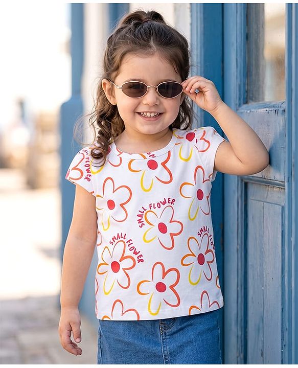 Babyhug Cotton Knit Half Sleeves T-Shirt with Floral Print - Multicolor