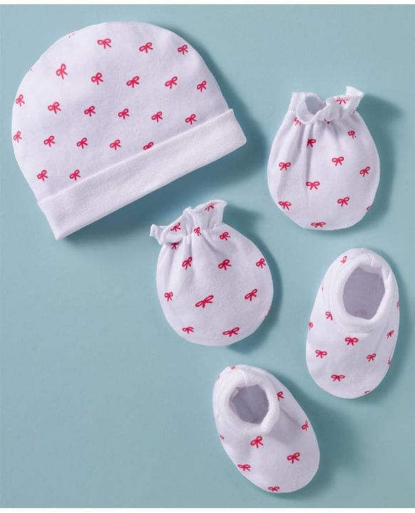 Babyhug 100% Cotton Knit Cap Mittens & Booties Set with Bow Print White - Diameter 12 cm