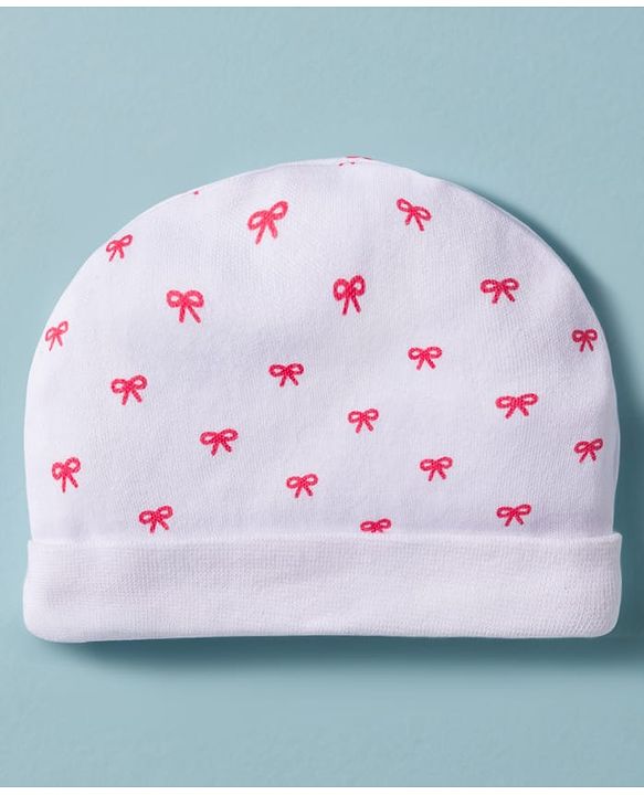 Babyhug 100% Cotton Knit Cap Mittens & Booties Set with Bow Print White - Diameter 12 cm