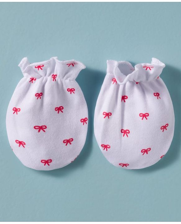 Babyhug 100% Cotton Knit Cap Mittens & Booties Set with Bow Print White - Diameter 12 cm