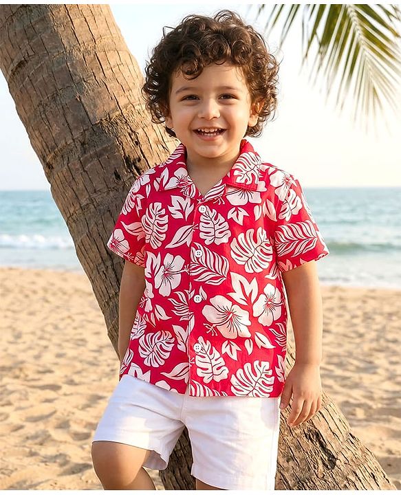 Babyhug Cotton Woven Half Sleeves Leaf Printed Resort Collar Shirt - Red