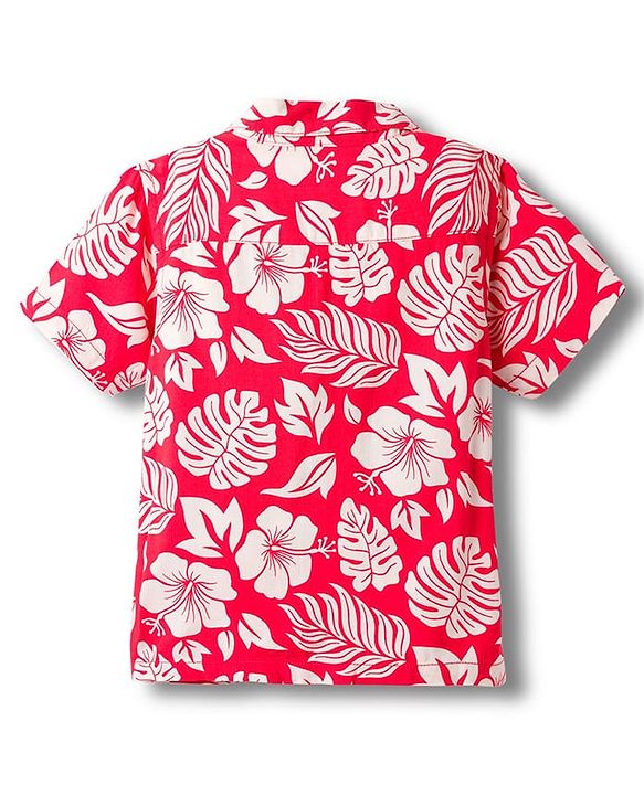 Babyhug Cotton Woven Half Sleeves Leaf Printed Resort Collar Shirt - Red