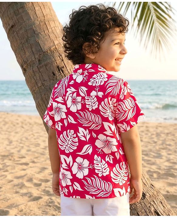 Babyhug Cotton Woven Half Sleeves Leaf Printed Resort Collar Shirt - Red