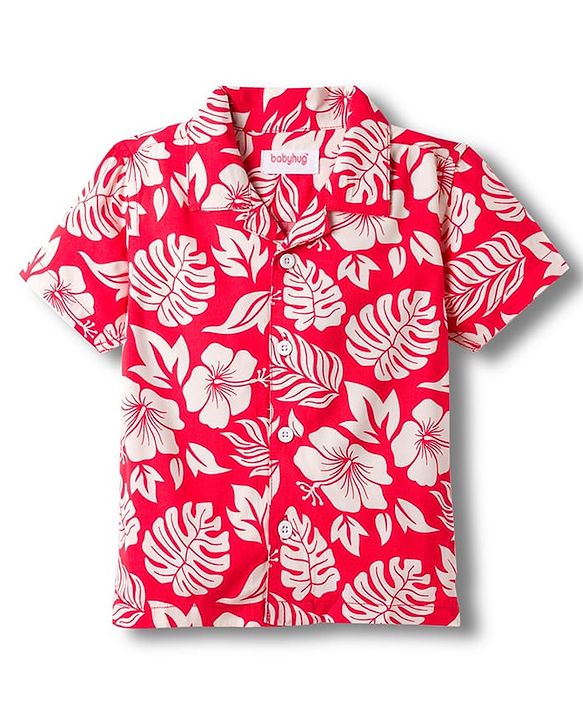Babyhug Cotton Woven Half Sleeves Leaf Printed Resort Collar Shirt - Red
