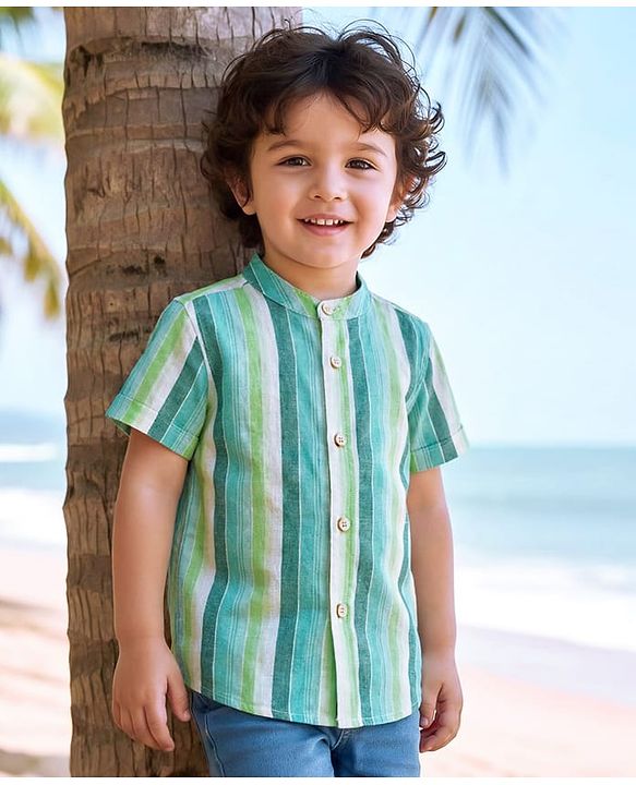 Babyhug Cotton Woven Half Sleeves Striped Shirt - Light Green & Blue