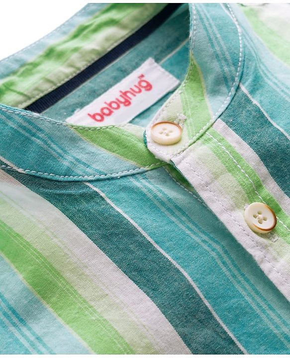 Babyhug Cotton Woven Half Sleeves Striped Shirt - Light Green & Blue