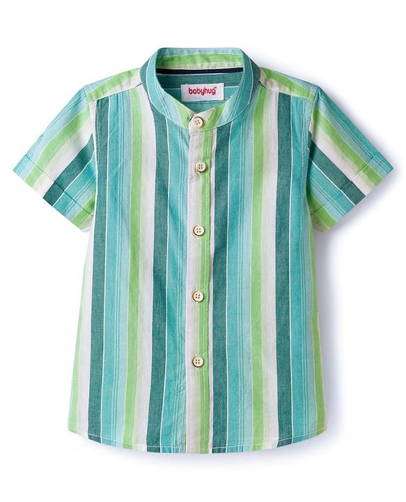 Babyhug Cotton Woven Half Sleeves Striped Shirt - Light Green & Blue