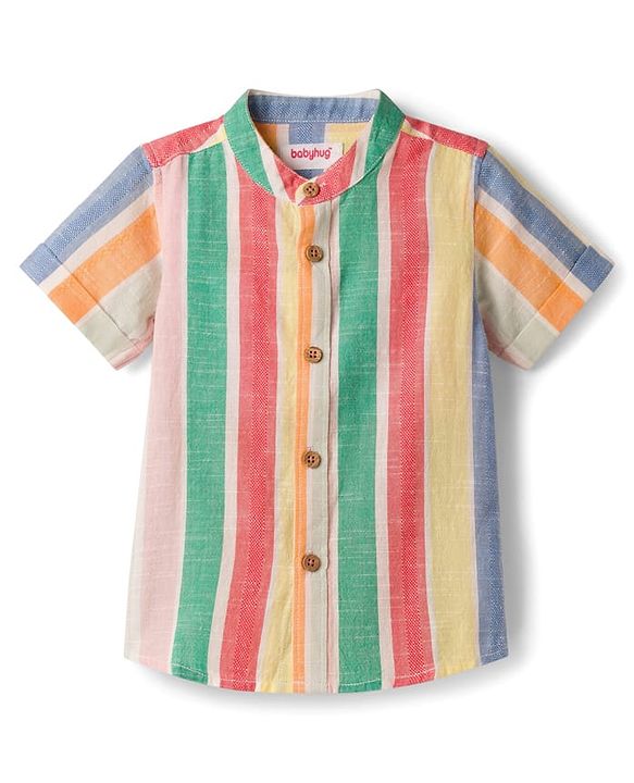 Babyhug Cotton Woven Half Sleeves Striped Mandarin Collar Shirt - Multicolor