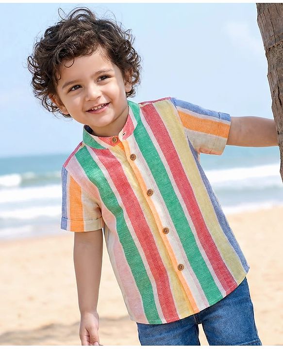 Babyhug Cotton Woven Half Sleeves Striped Mandarin Collar Shirt - Multicolor