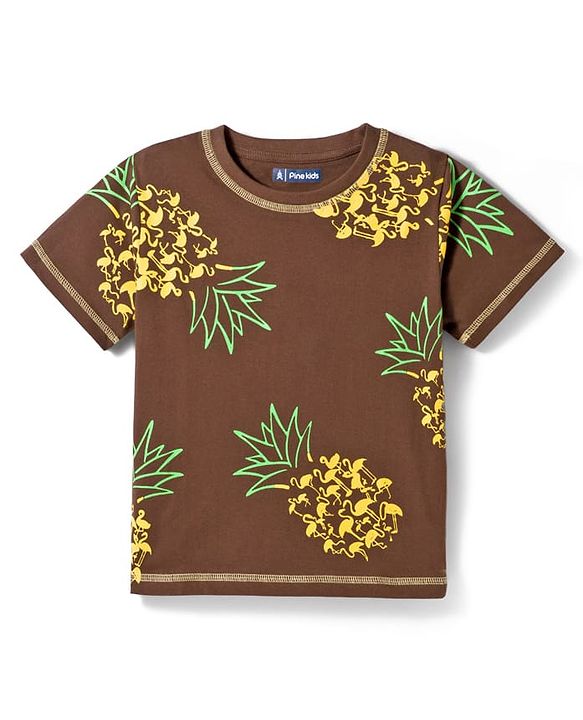 Pine Kids Cotton Knit Half Sleeves T-Shirt & Shorts Co-ord Night Suit With Pineapple Print - Brown