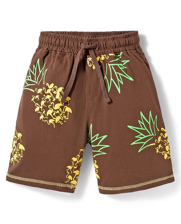 Pine Kids Cotton Knit Half Sleeves T-Shirt & Shorts Co-ord Night Suit With Pineapple Print - Brown