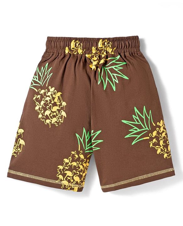 Pine Kids Cotton Knit Half Sleeves T-Shirt & Shorts Co-ord Night Suit With Pineapple Print - Brown