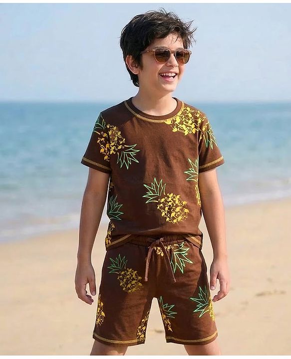 Pine Kids Cotton Knit Half Sleeves T-Shirt & Shorts Co-ord Night Suit With Pineapple Print - Brown