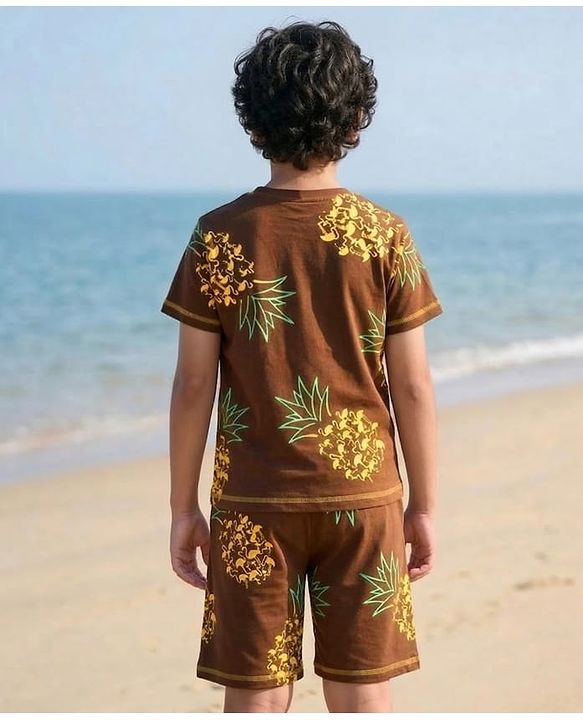 Pine Kids Cotton Knit Half Sleeves T-Shirt & Shorts Co-ord Night Suit With Pineapple Print - Brown