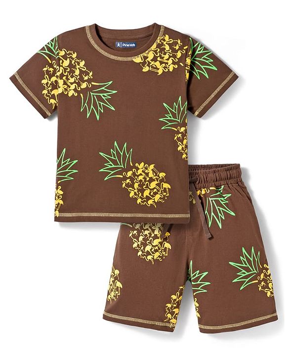 Pine Kids Cotton Knit Half Sleeves T-Shirt & Shorts Co-ord Night Suit With Pineapple Print - Brown