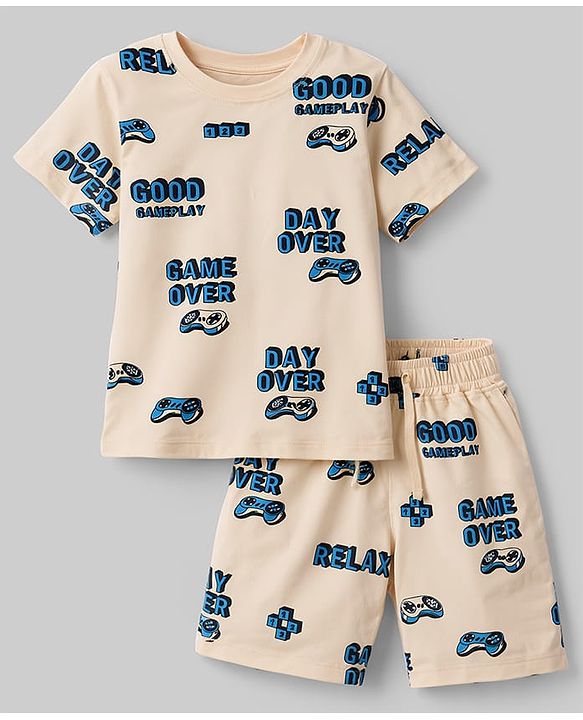 Pine Kids Cotton Knit Half Sleeves Co-Ords T-Shirt & Shorts Night-Suit With Text Print - Offwhite