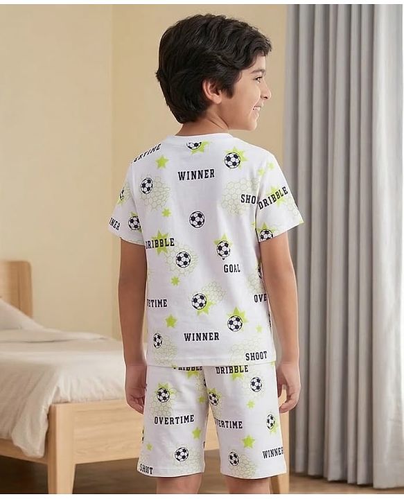 Pine Kids Cotton Knit Half Sleeves Co-ords T-Shirt & Shorts Night Suit with Football Print - White