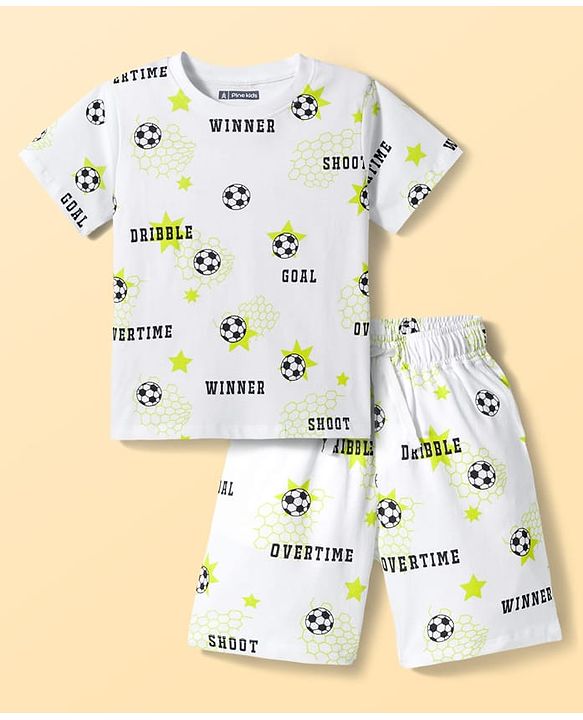 Pine Kids Cotton Knit Half Sleeves Co-ords T-Shirt & Shorts Night Suit with Football Print - White