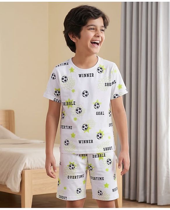Pine Kids Cotton Knit Half Sleeves Co-ords T-Shirt & Shorts Night Suit with Football Print - White
