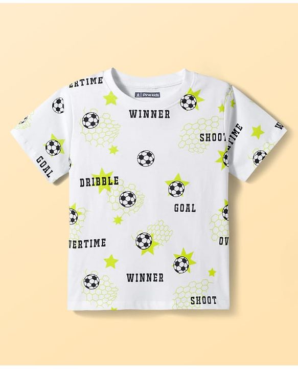 Pine Kids Cotton Knit Half Sleeves Co-ords T-Shirt & Shorts Night Suit with Football Print - White