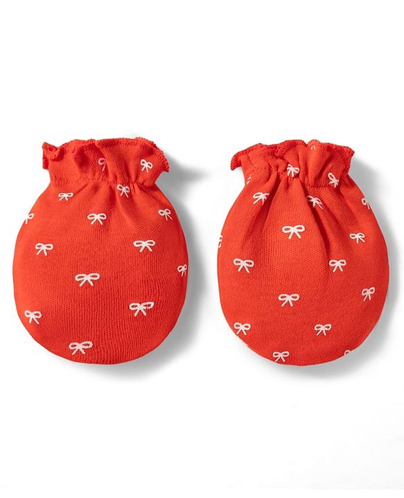 Babyhug 100% Cotton Knit Cap Mittens & Booties With Bow Print Multicolor - Diameter 12.5 cm