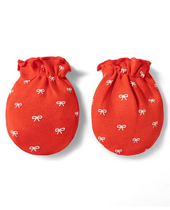 Babyhug 100% Cotton Knit Cap Mittens & Booties With Bow Print Multicolor - Diameter 12.5 cm