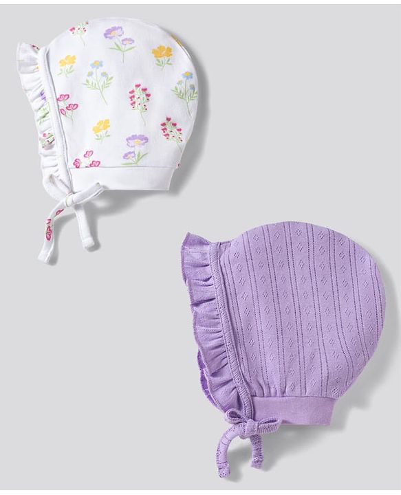 Babyhug 100% Cotton Knit Caps With Floral Print Pack of 2 Multicolor - Diameter 16.5 cm
