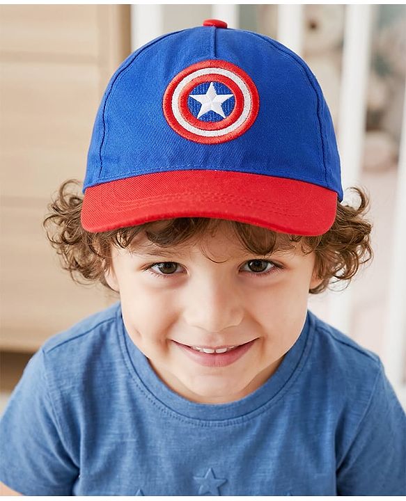 Pine Kids Marvel Cotton Woven  Summer Cap with Avengers Graphics Blue & Red- Diameter 52 cm