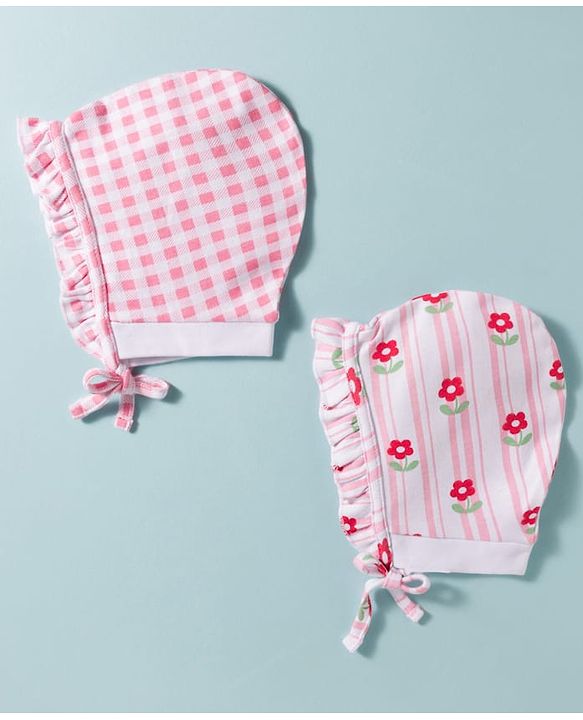 Babyhug 100% Cotton Knit Floral & Checks Printed Caps With Knot Pack Of 2 Multicolour - Diameter 12.5 cm