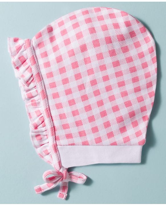 Babyhug 100% Cotton Knit Floral & Checks Printed Caps With Knot Pack Of 2 Multicolour - Diameter 12.5 cm