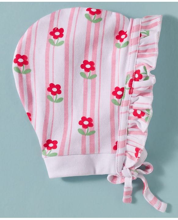 Babyhug 100% Cotton Knit Floral & Checks Printed Caps With Knot Pack Of 2 Multicolour - Diameter 12.5 cm