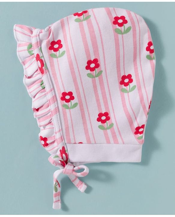 Babyhug 100% Cotton Knit Floral & Checks Printed Caps With Knot Pack Of 2 Multicolour - Diameter 12.5 cm
